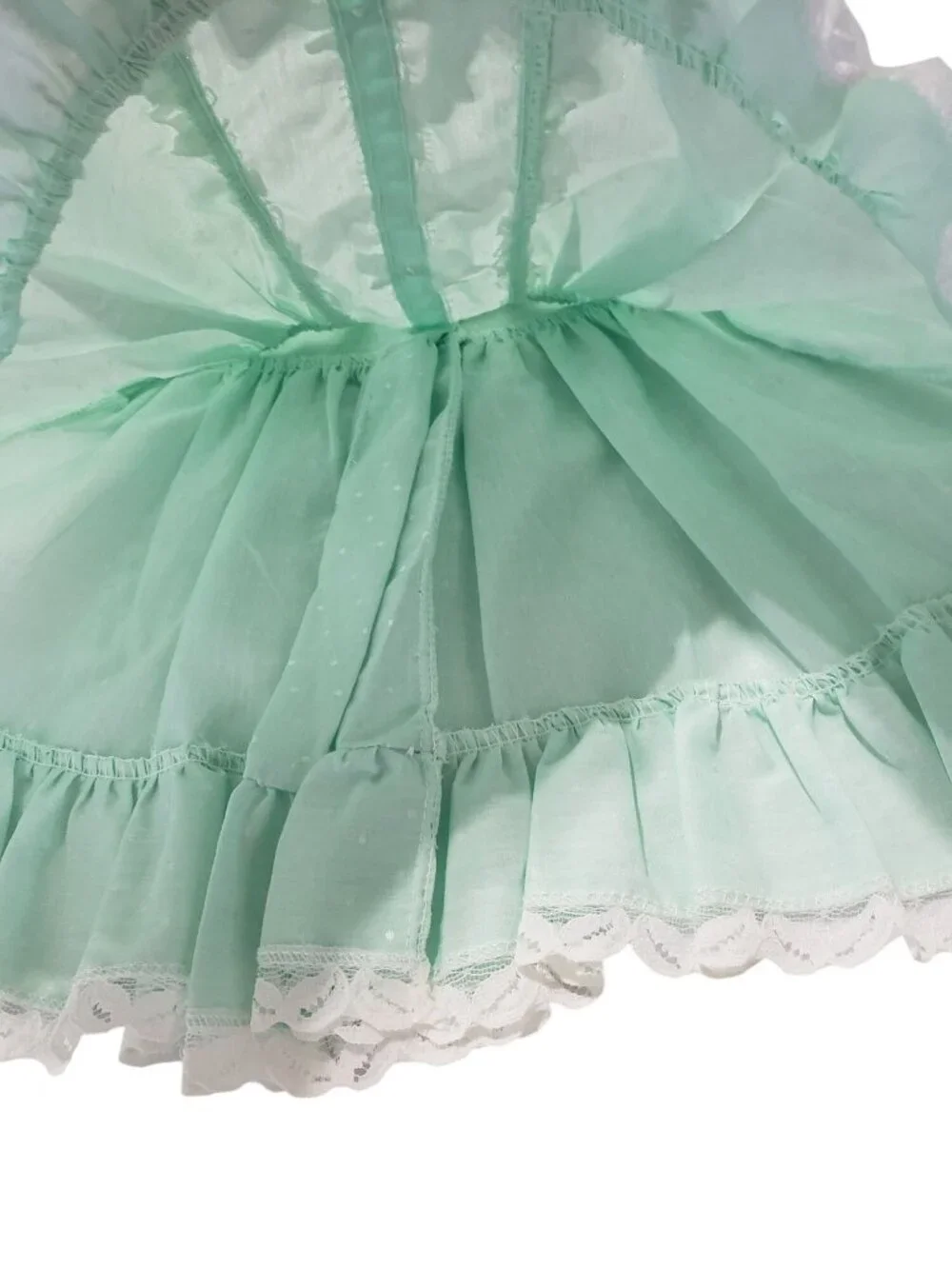 Vintage Mint Green White Lace Fancy Pageant Circle Baby Dress Frilly CottageCore